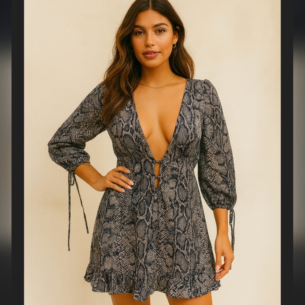 Reformation Scarlett V-Neck Dress in Serpent Print Blue